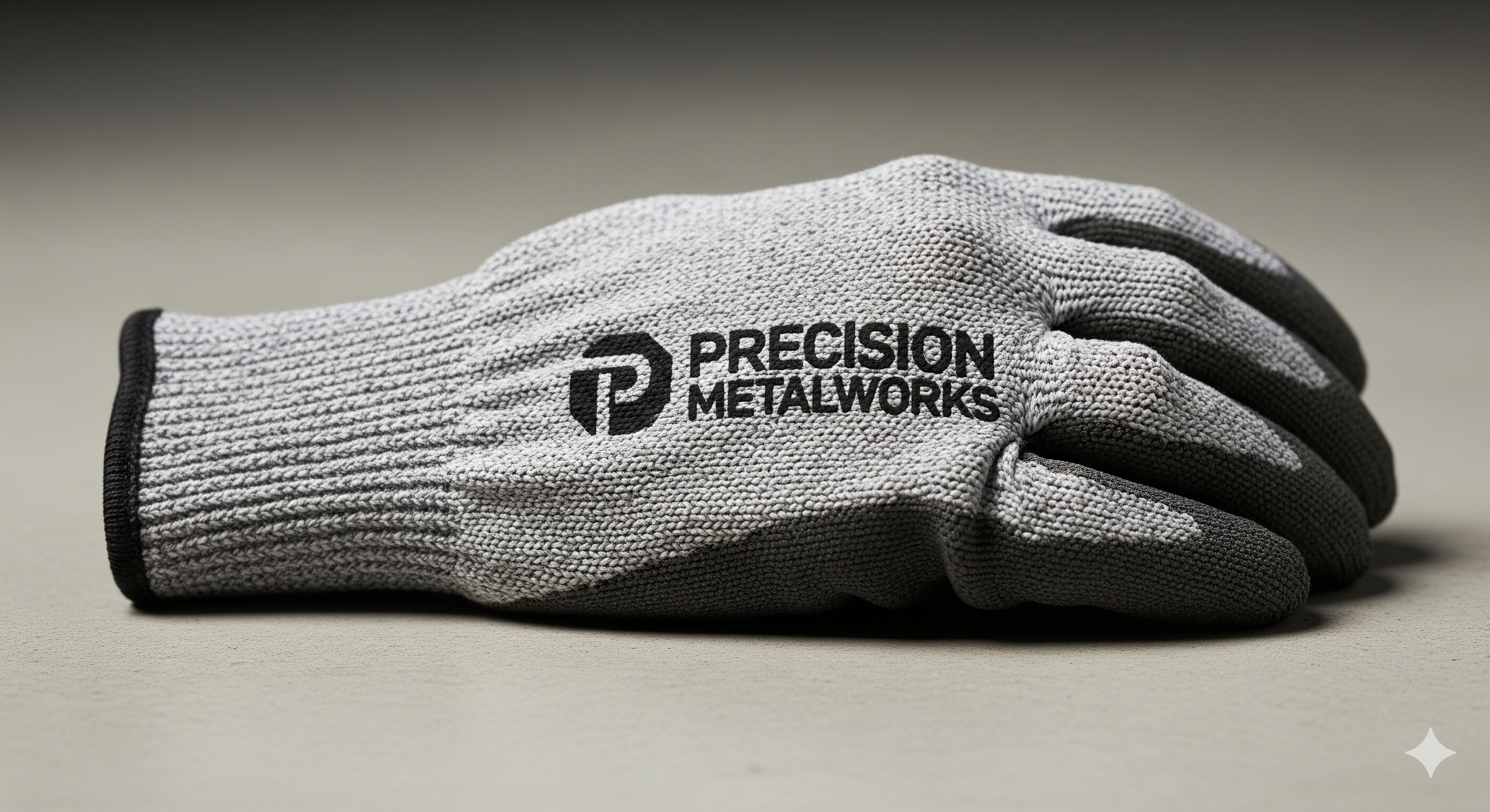 A close-up of high-performance cut-resistant personalized work gloves with a clear company logo.